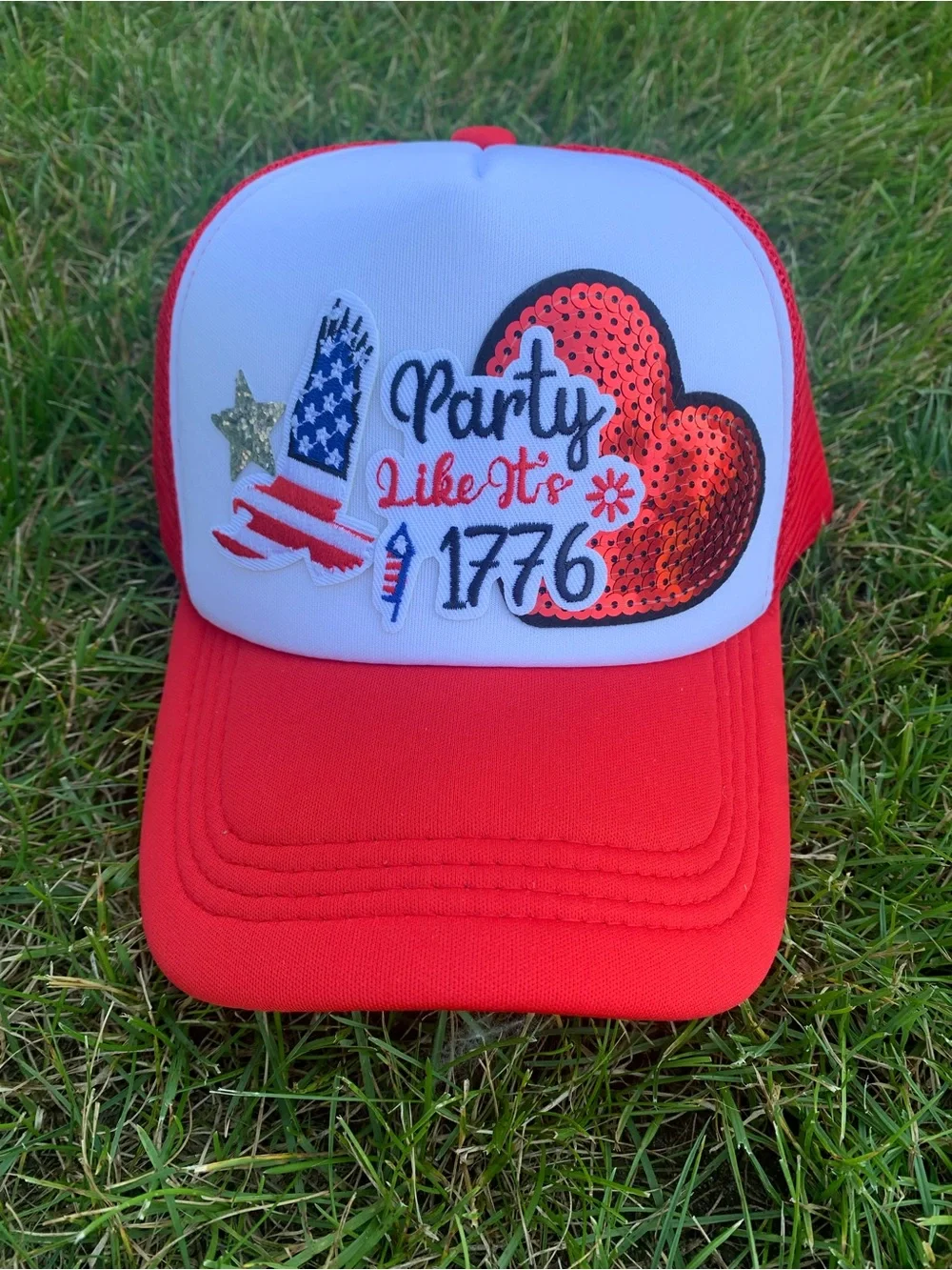 Party Like It’s 1776 Red & White Sequined Trucker Hat